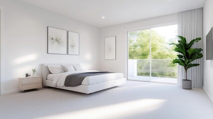 Modern bedroom with balcony, natural light