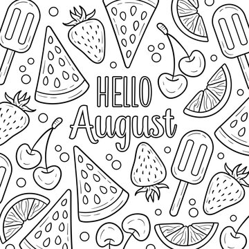 Naklejki Hello August summer coloring page, black and white calligraphy letters with cute drawings. Welcome new month card. Vector summer doodles. Line art summer clip art. Coloring book page with quote