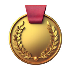 A gleaming golden medal with a vibrant red ribbon signifying the highest level of accomplishment recognition and triumph