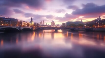 Obraz premium Dreamy sunset over London skyline with St. Paul's Cathedral and smooth reflections on River Thames 