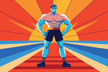 Cartoon superhero, muscular physique, bright colors, radiating energy beams, comic book style, vibrant background, dynamic pose, strong stance, retro art style, bold outlines, saturated hues, stylized