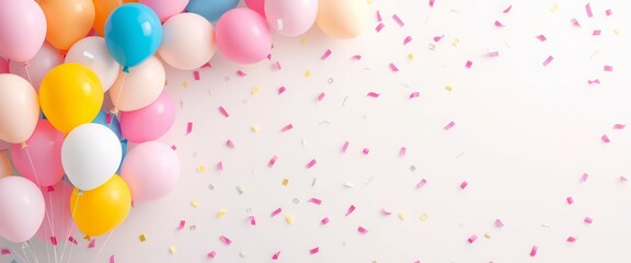 Pastel balloons & confetti on minimalist background , clean, modern