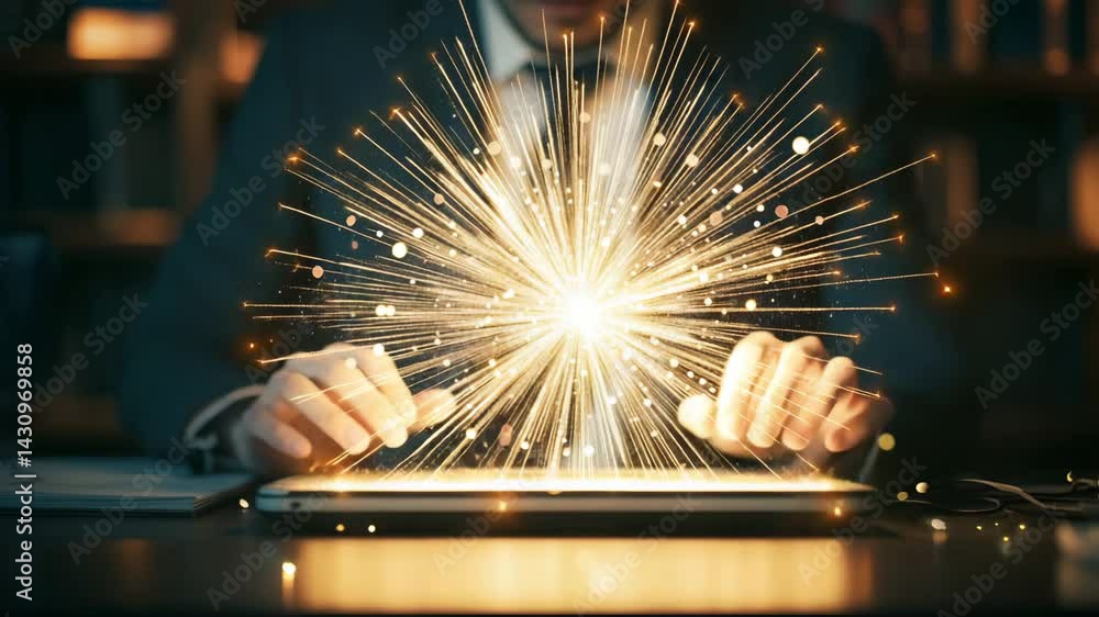 Poster brilliant idea businessperson typing on tablet with exploding sparkler effect