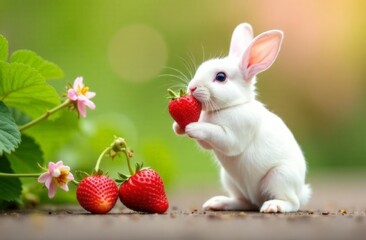 little white rabbit in nature eating strawberries from a bush