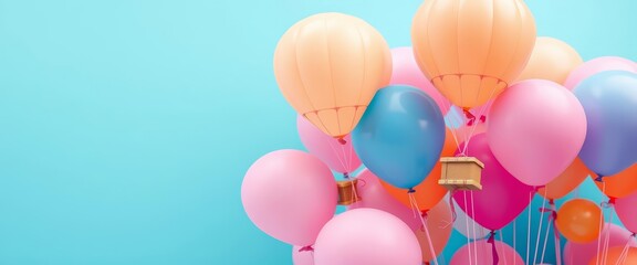 Pastel blue background with colorful helium balloon packages floating, holiday, celebration