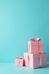 Obraz premium Pastel blue background with stacked gift boxes, holiday surprise, holiday, gift