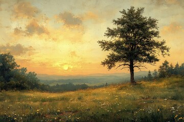Naklejka premium Painting of a tree in a field at sunset with a cloudy sky.