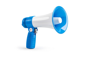 3d blue and white megaphone flat icon isolated on white background
