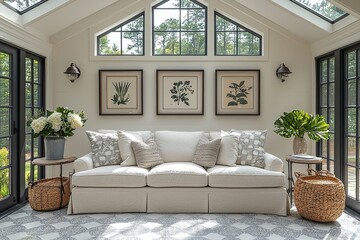 Sunroom with light gray and blue patterned tile floor, white decor, flower vases, framed artwork, and skylights.