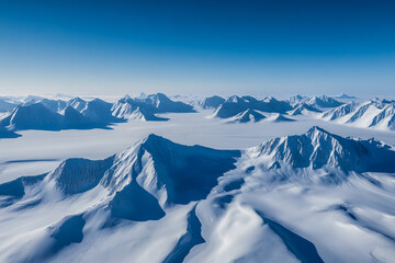 Obraz premium A stunning view of the ice sheet, featuring towering glaciers, vast snow-capped mountains, and a serene, clear blue sky, highlighting the serene beauty of the frozen landscape.