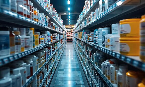 Organized pharmacy interior with shelves full of medicines, supplements, and healthcare products.