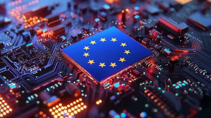 EU Flag on Microchip European Union Technology Digital Innovation Circuit Board - Powered by Adobe