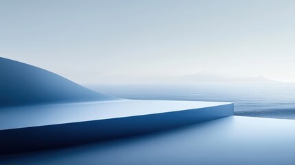 Blue platform, serene landscape backdrop