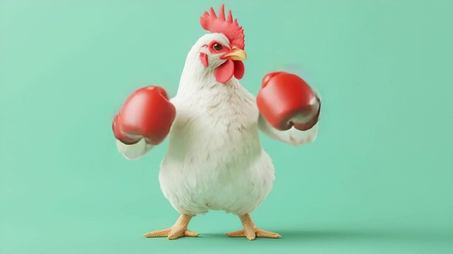 Funny White Chicken Boxer in Red Gloves Ready to Fight 3D Render