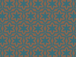 An abstract background with a repeating pattern of stylized teal and burnt orange flowers, creating a symmetrical and intricate design.