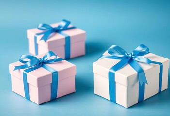 Obraz premium Pastel gift boxes with blue ribbons, elegant presentation on blue background, shop, close-up