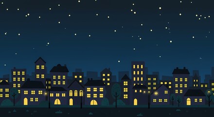 Glimmers in the Dark: A Charming and Simple Cartoon Cityscape Radiating Warm Light on a Nightly Backdrop