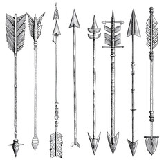 Set of hand-drawn different arrows isolated on white, lead pencil --v 7.0