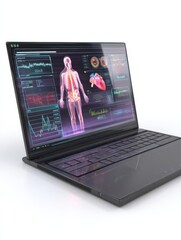 Futuristic laptop displaying human anatomy and health data in a sleek, modern environment