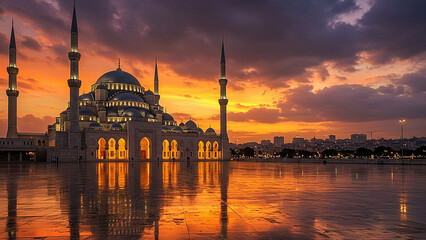 Fototapeta premium Illuminated Mosque at Sunset with Reflective Foreground