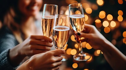 Friends raising champagne glasses in a toast to the New Year, joyful and elegant.