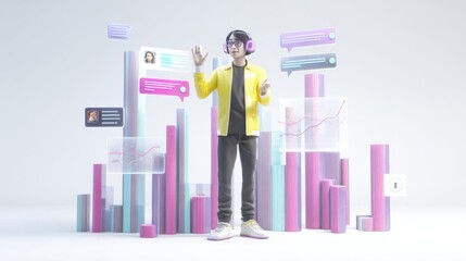Fototapeta premium A digital representation of a young person in headphones engaging with virtual data and graphs