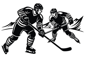 Ice hockey players, action pose, intense competition, dynamic movement, black and white illustration