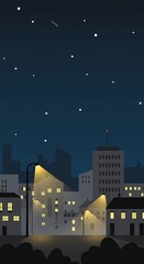 Simple Joys of the Night: A Delightful Cartoon City Illustration Sparkling with Window Light and Stars