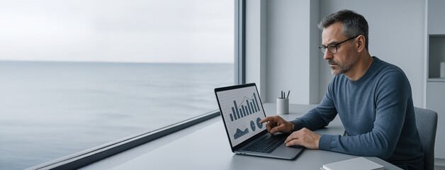 Marketing professional points at interactive dashboard on laptop in coastal office with modern minimalist design. Concept of marketing, digital analytics, online campaigns, and strategic planning.