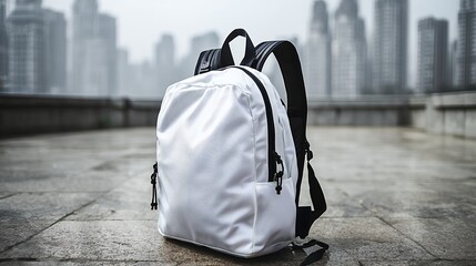 Obraz premium Stylish urban backpack against a blurred cityscape backdrop on a wet surface
