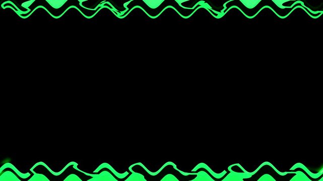 Long horizontal wavy mechanical flashing green perpendicular lines frame on black background with space for your own content.