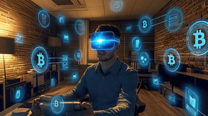 Man using virtual reality headset in a modern office, surrounded by cryptocurrency icons and technology