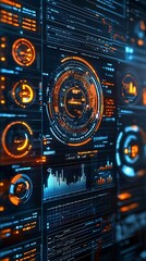 Futuristic digital dashboard with multiple interactive displays.  Detailed interface, showing various metrics, graphs, and indicators.  Dynamic glowing elements in orange and blue