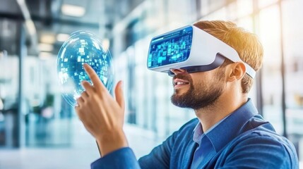 Man using virtual reality headset in a modern office, interacting with digital hologram display
