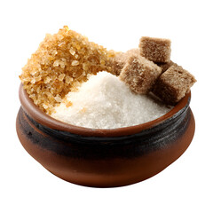 Set of sweet sugars (unrefined brown cane sugar, white crystallized refined sugar pile [beet], muscovado) in a clay pot isolated on white, top view --v 7.0