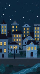 Simple Joys of the Night: A Delightful Cartoon City Illustration Sparkling with Window Light and Stars
