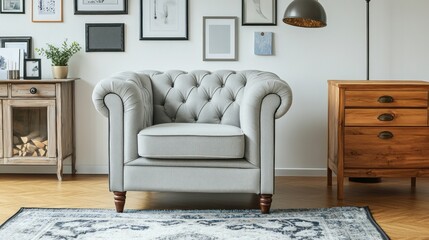 Light gray tufted armchair in a stylish living room.