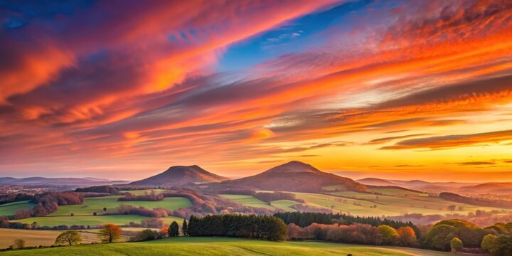 Softly glowing sky with hues of pink and orange above the Eildon Hills at sunset , sunset, landscape