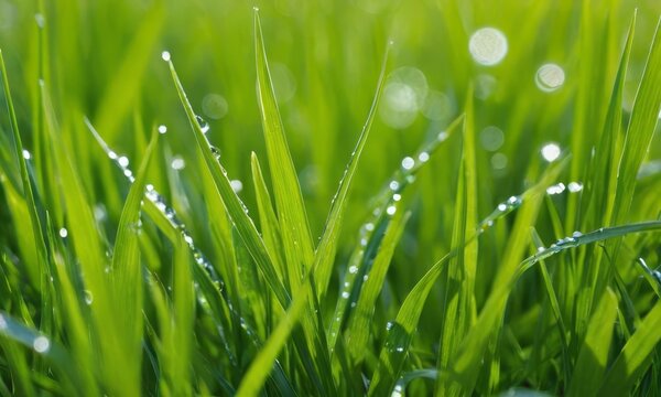 Lush green grass blades glistening with morning dew, illuminated by sunlight - Powered by Adobe