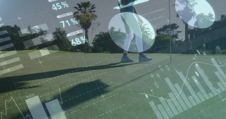 adult woman golfer bending on putting green, visualizing tech analytics with pie charts, bar graphs - Powered by Adobe