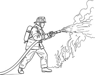 Firefighter Extinguishing Flames with Water Hose. Minimalist black and white line art illustration of a firefighter battling a blaze.
