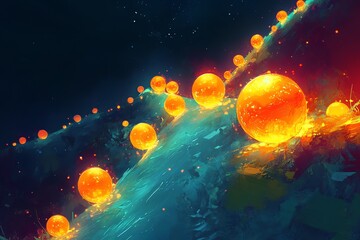 Glowing Orange Spheres Ascending a Teal Hill: A Vivid, Dreamlike Painting