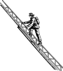 Firefighter Ascending Ladder in Minimalist Black and White. Line art illustration of a firefighter climbing a ladder, isolated on white.