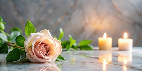 A elegant rose is placed on a delicate marble tabletop amidst lush greenery and soft candlelight
