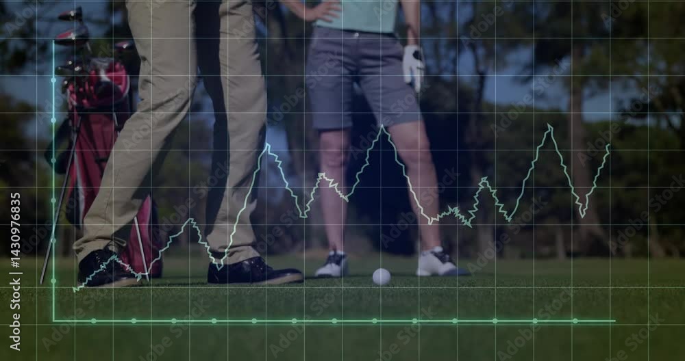 Poster golf partners using technology to track performance data on putting green with grid and line graphs