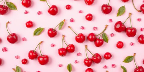 Pink background seamless pattern featuring scattered cherries, cheerful, wallpaper