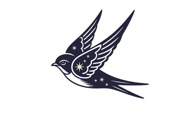 Swallow in flight. Celestial tattoo bird with stars. Vector illustration.