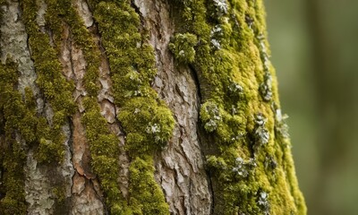 Obraz premium Enchanting tree bark adorned with vibrant green moss in a serene forest setting