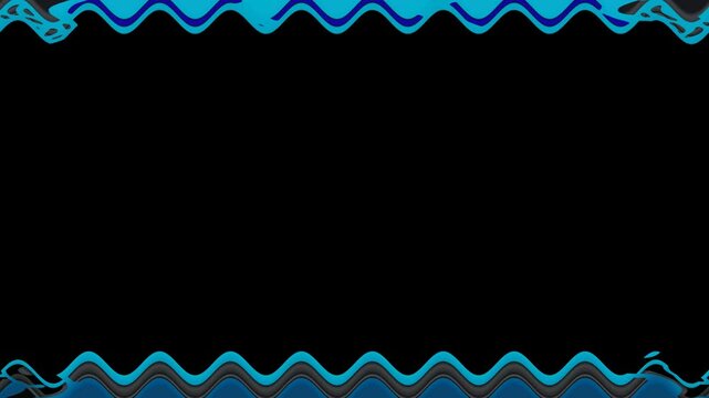 Long horizontal wavy mechanical flashing blue perpendicular lines frame on black background with space for your own content.
