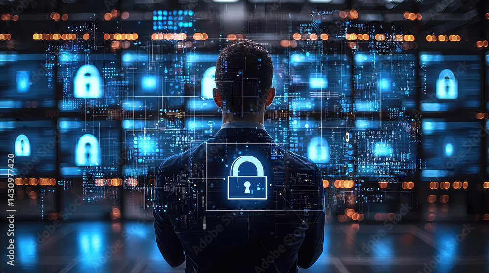 Poster cybersecurity expert analyzes data in operations center with digital locks visualizing cyber threats